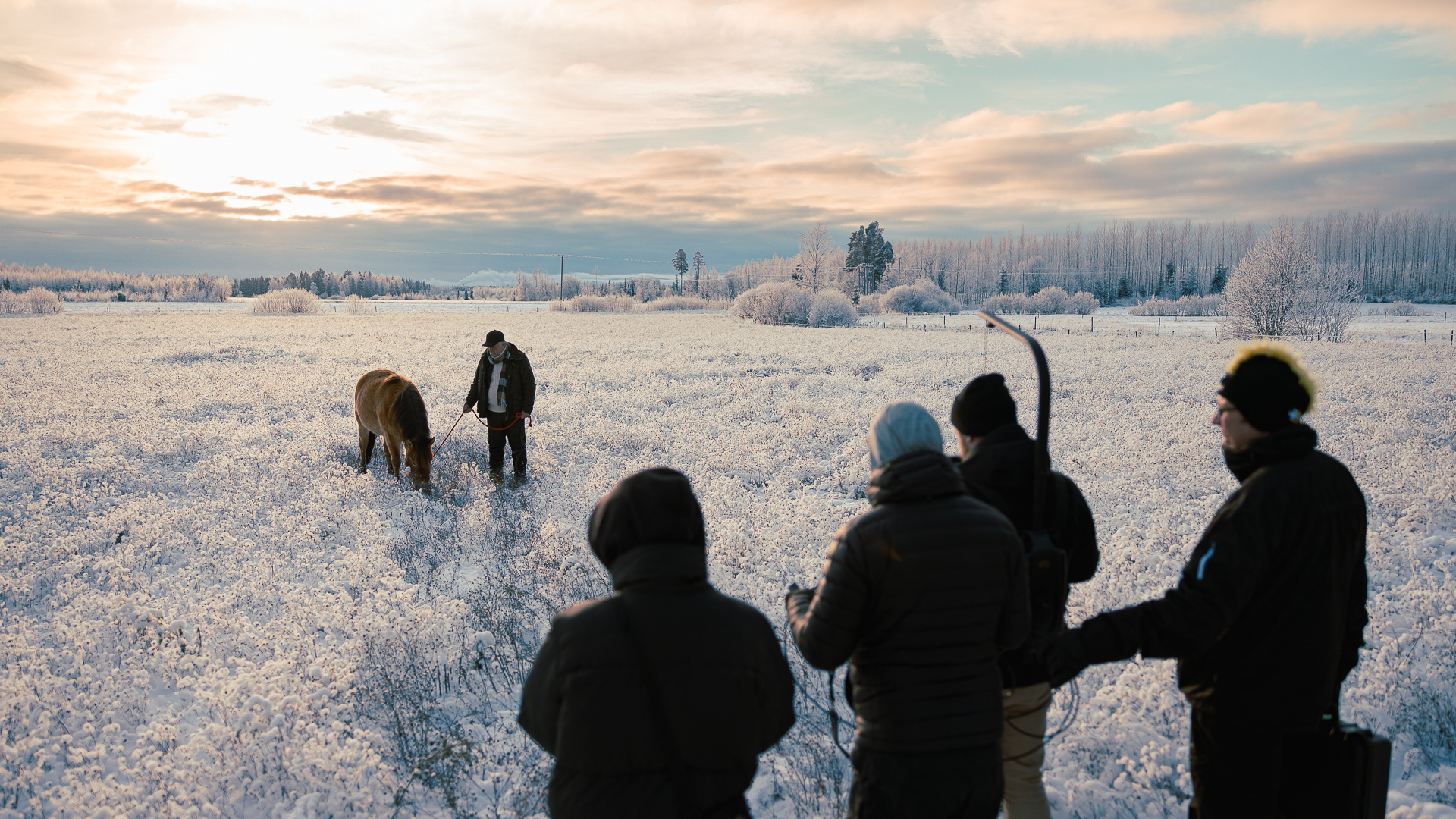 Talvisessa maisemassa otettu bts kuva, jossa mies seisoo hevosen vieressä.