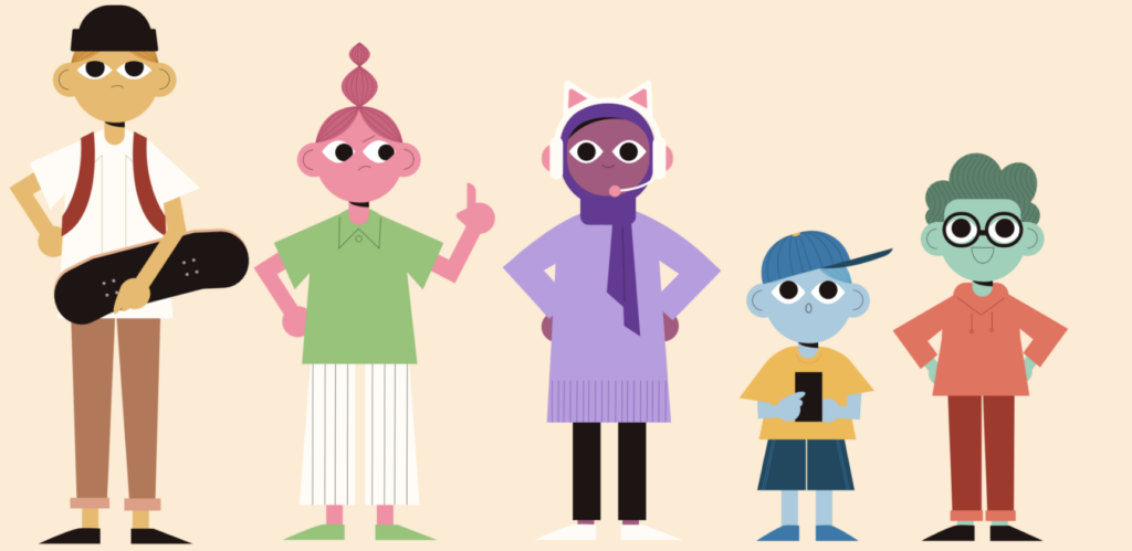 Animoitu kuva jossa viisi henkilöä seisoo vierekkäin.