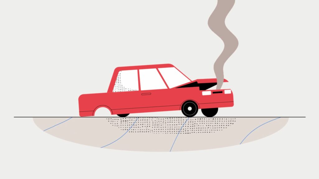 Rikkinäinen punainen auto, jonka konepelti on auki ja sieltä nousee savua. Yksi takarenas puuttuu. Kuvitus.