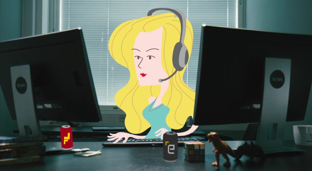 Nainen istuu tietokoneiden ääressä kuulokkeet päässä. Edessä tölkki, jossa eCraftin logo. Kuvitus.