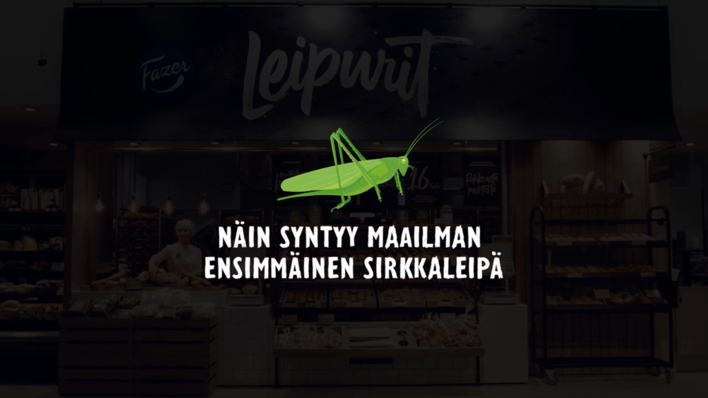 Vihreä sirkkalogo ja teksti "Näin syntyy maailman ensimmäinen sirkkaleipä" mustalla taustalla.