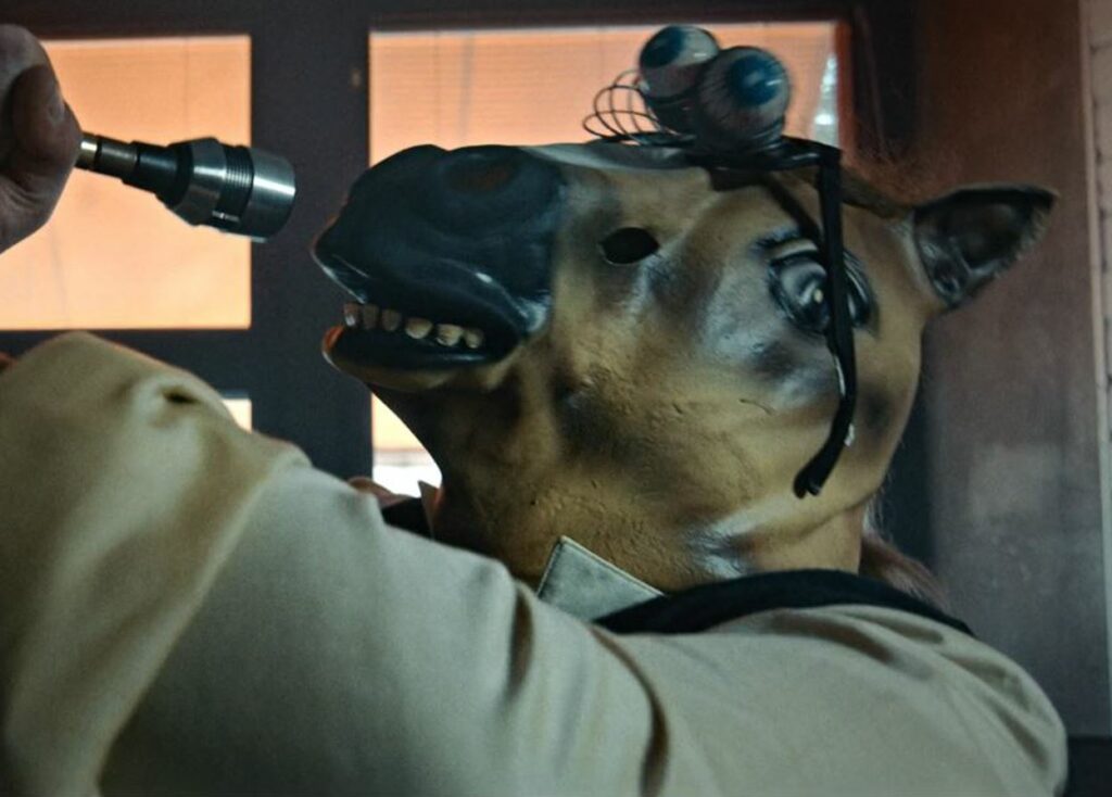 Ihminen kenellä on hevosmaski naamalla pitää käsissä mikrofonia. Maskilla on aurinkolasit ja mikrofoni suun edessä.